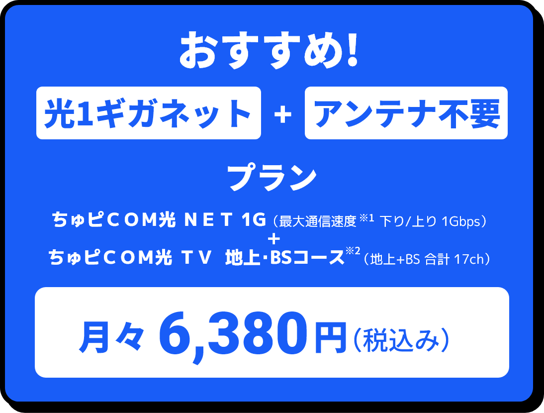 おすすめ! 光1ギガネット＋アンテナ不要プラン ちゅピＣＯＭ光 ＮＥＴ 1G（※1最大通信速度下り/上り 1Gbps）＋ちゅピＣＯＭ光 ＴＶ地上･BSコース（※2地上+BS 合計 17ch）月々6,380円（税込み）