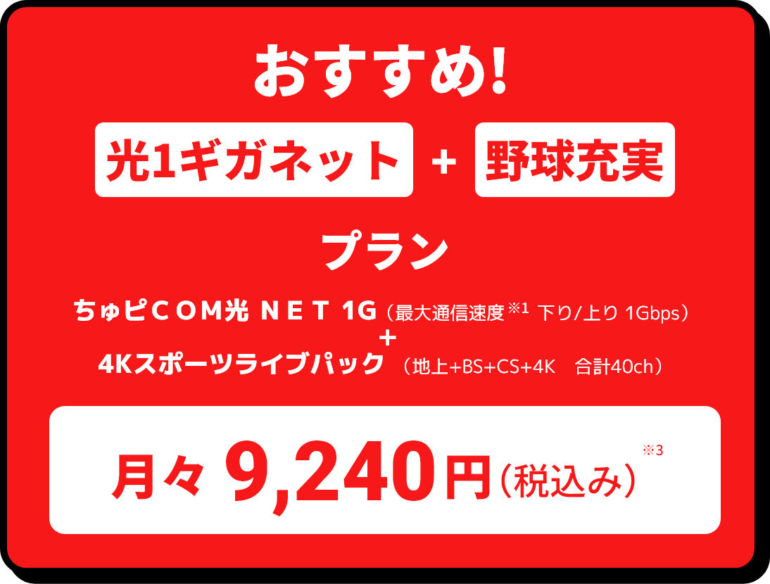 おすすめ! 光1ギガネット＋アンテナ不要プラン ちゅピＣＯＭ光 ＮＥＴ 1G（※1最大通信速度下り/上り 1Gbps）＋4Kスポーツライブパック（地上+BS+CS+4K 合計40ch）月々9,240円（税込み）※3